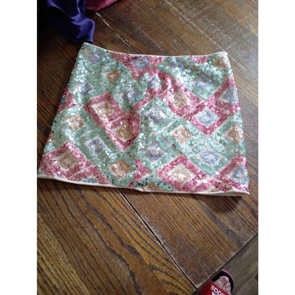 Medium Sequin Mini Skirt Special Occasion Tan Pink Blue Embellished